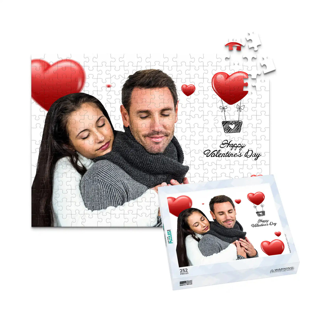 252 piece personalized Valentine puzzle featuring a couple embracing with heart decorations, shown with its matching puzzle box