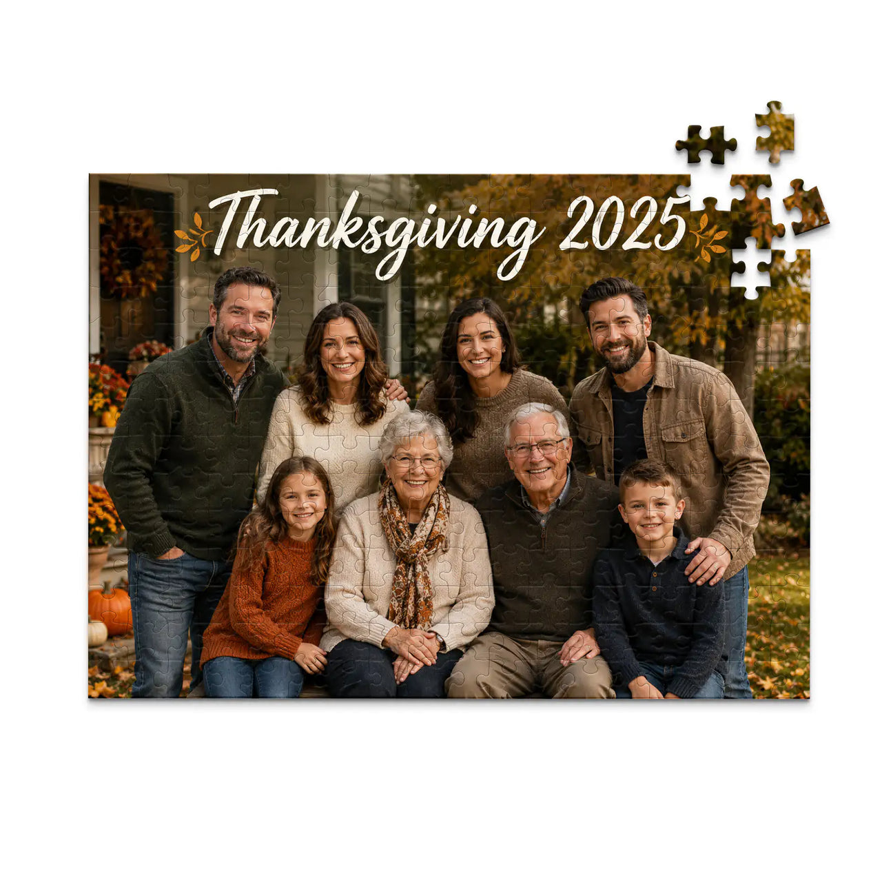 252 piece Thanksgiving photo puzzle featuring a multigenerational family portrait with custom Thanksgiving text.