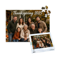 252 piece Thanksgiving photo puzzle featuring a multigenerational family portrait with custom Thanksgiving text, shown with its matching puzzle box