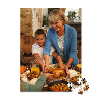 252 piece Thanksgiving photo puzzle featuring a grandmother and grandson serving turkey at a family dinner.