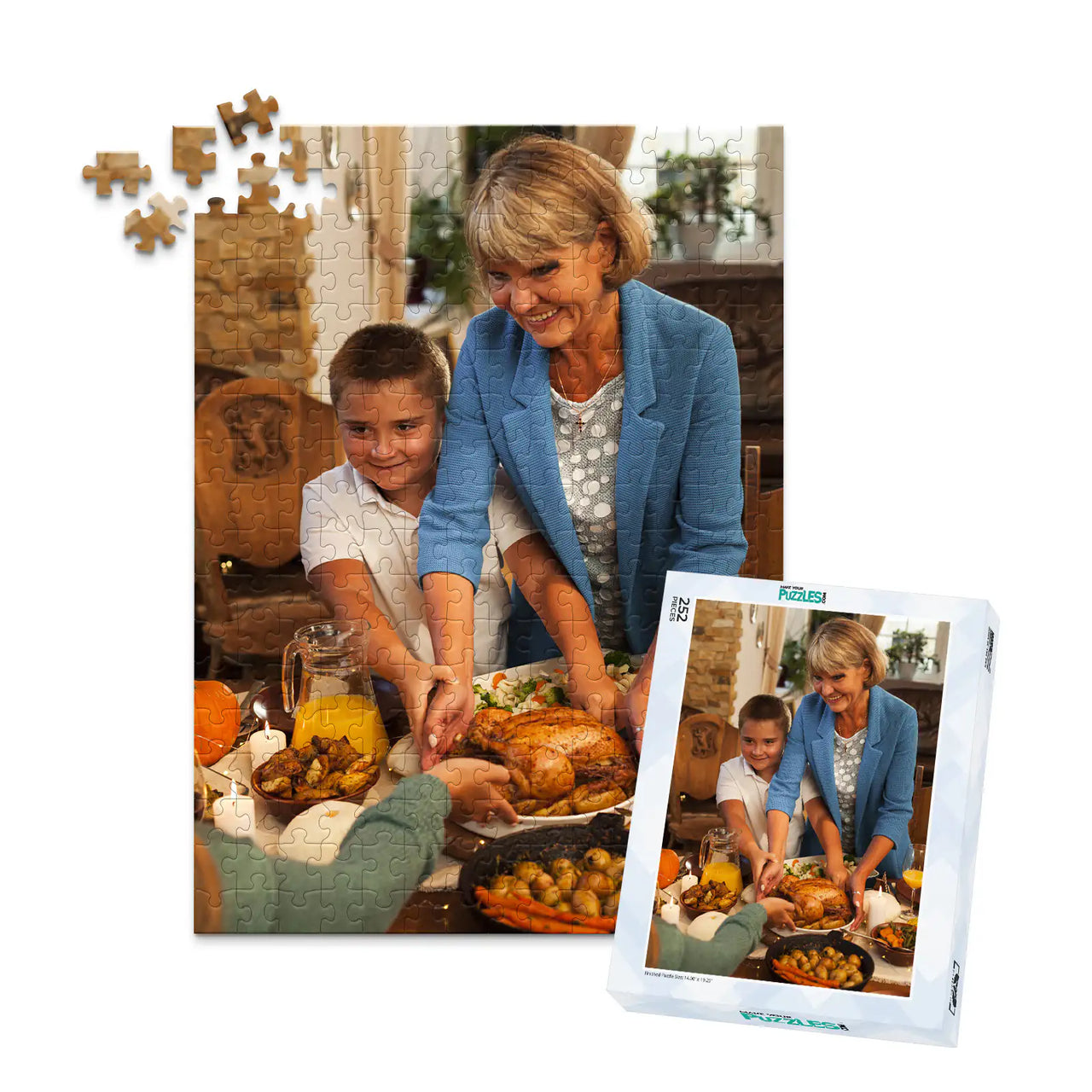 252 piece Thanksgiving photo puzzle featuring a grandmother and grandson serving turkey at a family dinner, shown with its matching puzzle box