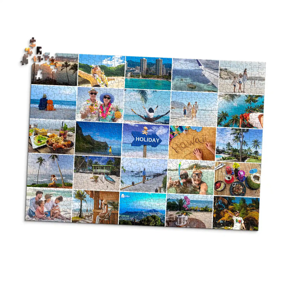 Travel photo collage puzzle featuring favorite vacation memories