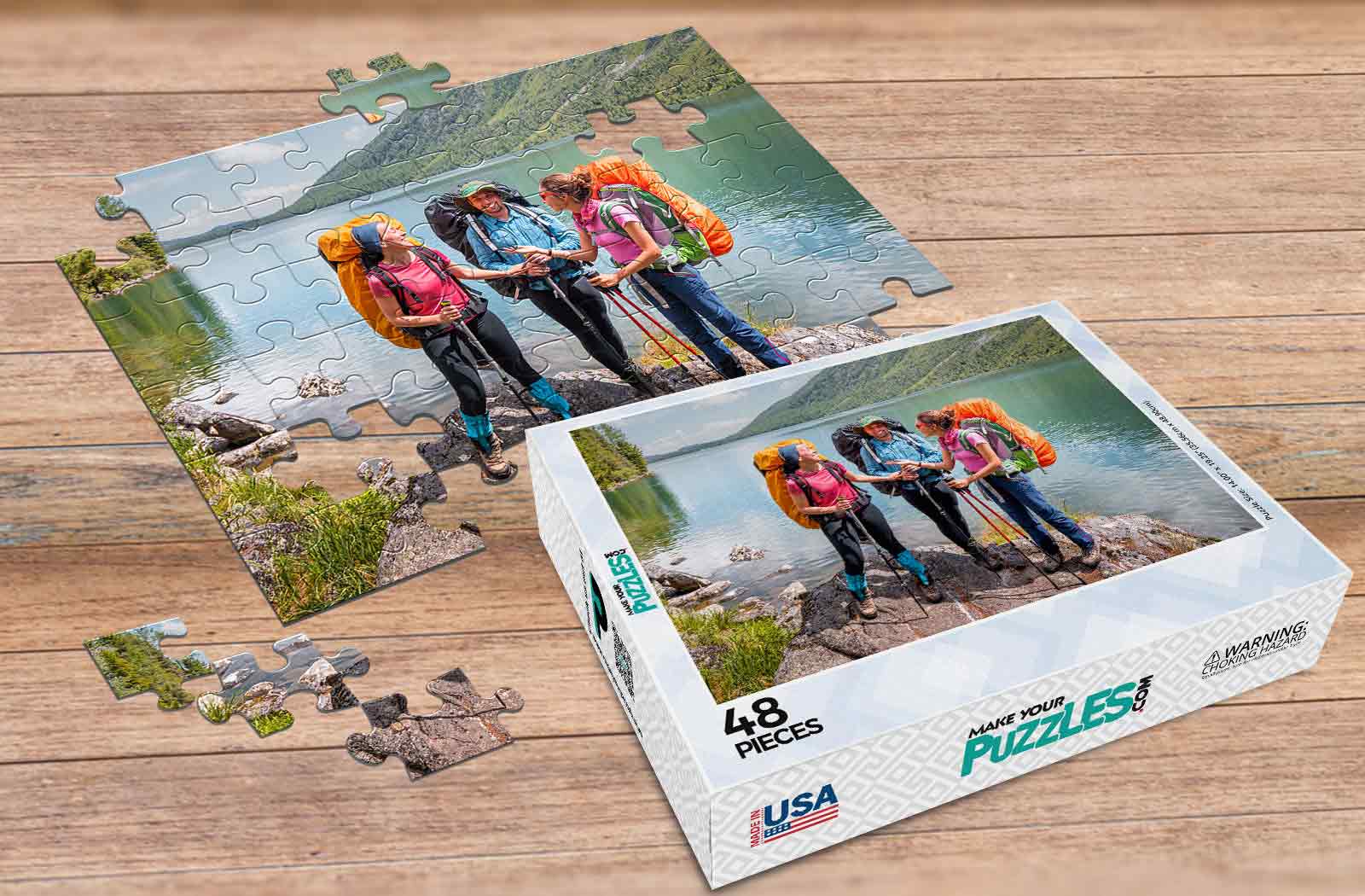 48-piece custom puzzle group of friends hiking near mountain lake along with custom puzzle box | MakeYourPuzzles