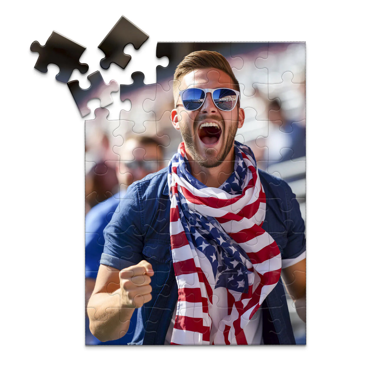 48 piece 4th of July photo puzzle featuring a cheering man wearing an American flag scarf.