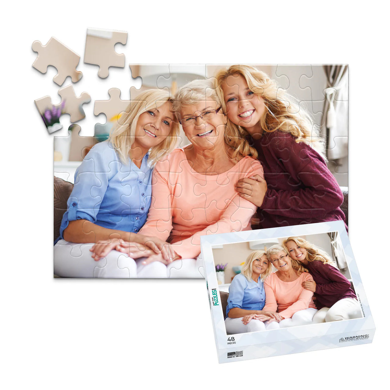 48 piece custom Mother’s Day photo puzzle featuring a mother with her two adult daughters and matching puzzle box