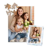48 piece custom Mother’s Day photo puzzle featuring three daughters with flowers and a matching puzzle box