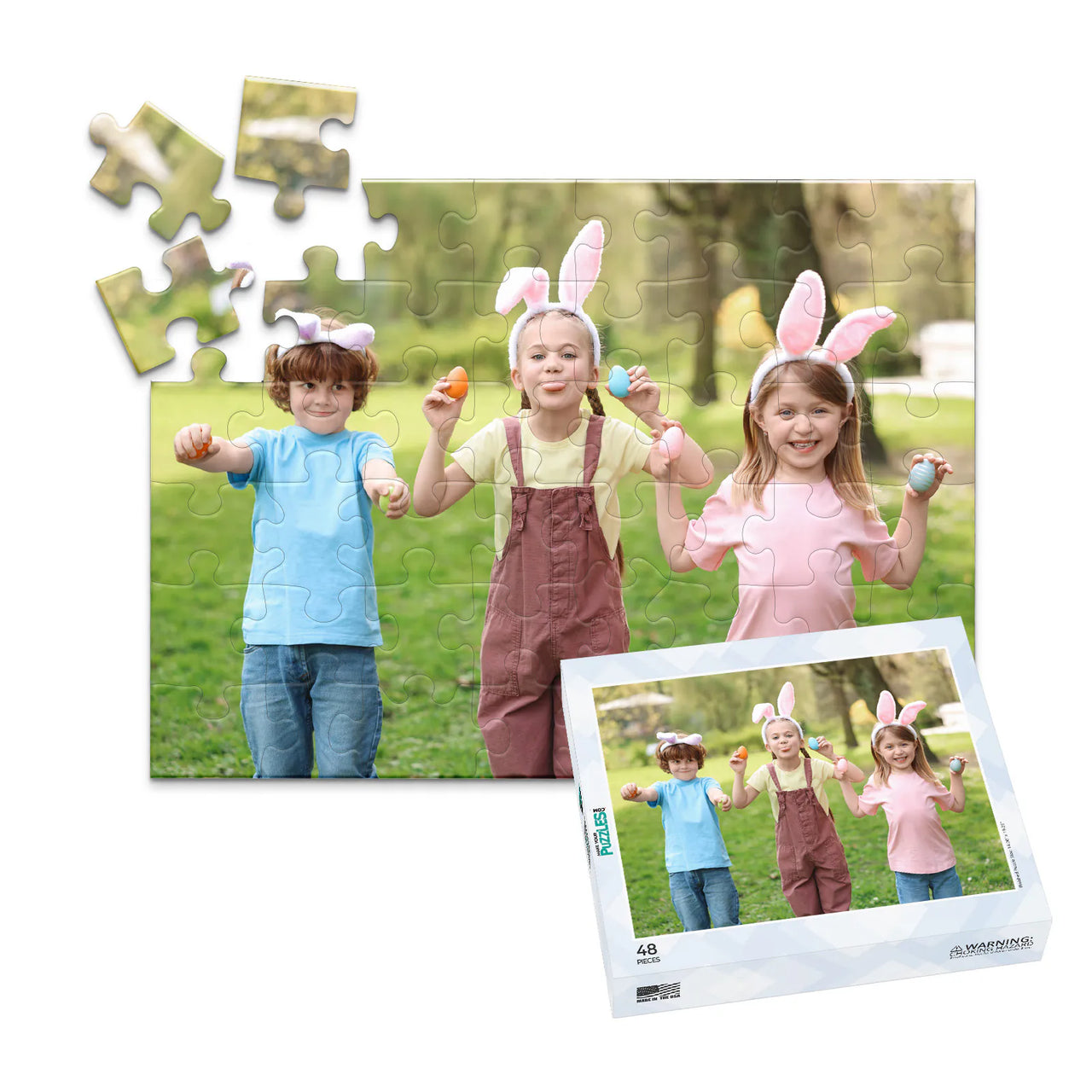 48 piece Easter photo puzzle featuring three children wearing bunny ears and holding colorful Easter eggs, shown with its matching puzzle box