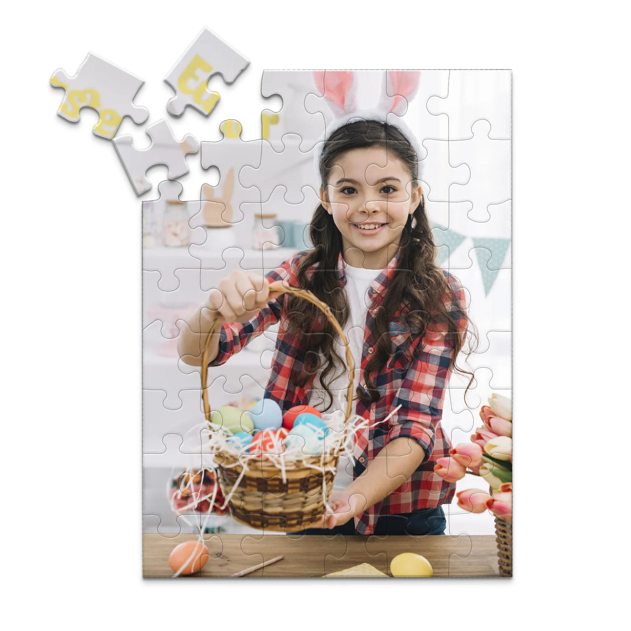 48 piece Easter photo puzzle featuring a smiling girl holding a basket of colorful Easter eggs.