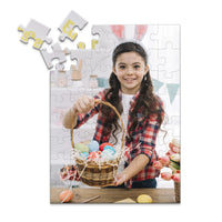 48 piece Easter photo puzzle featuring a smiling girl holding a basket of colorful Easter eggs.