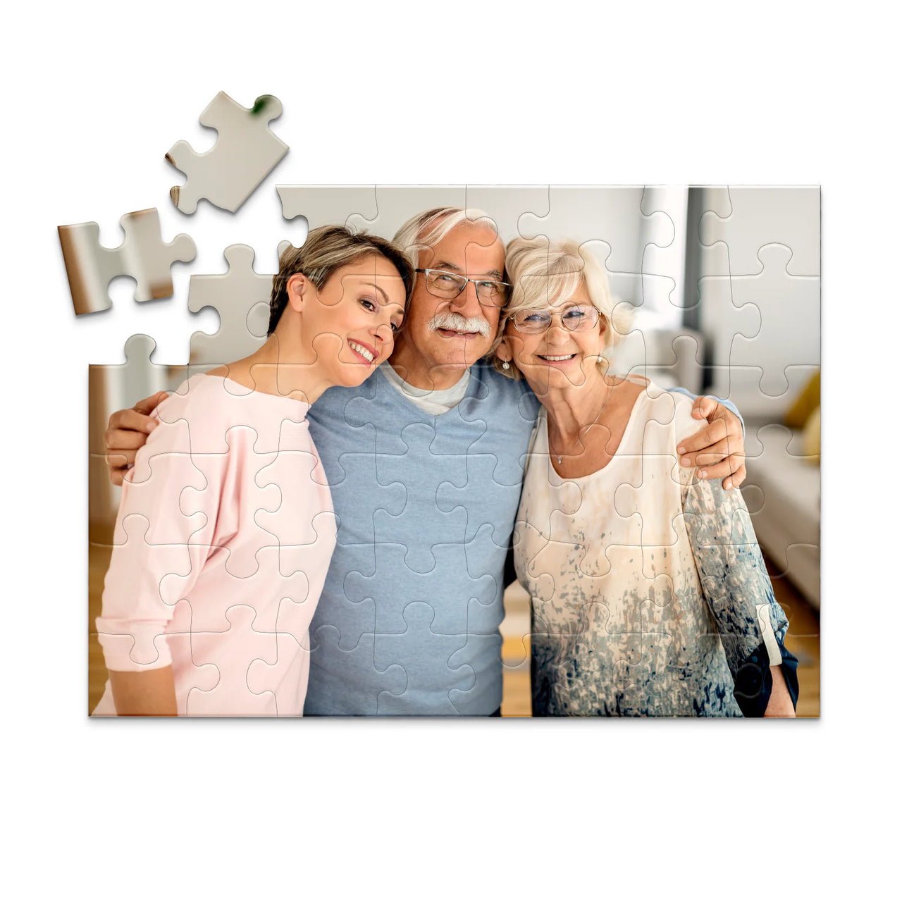 48 piece custom Father’s Day photo puzzle featuring a father with his wife and daughter.