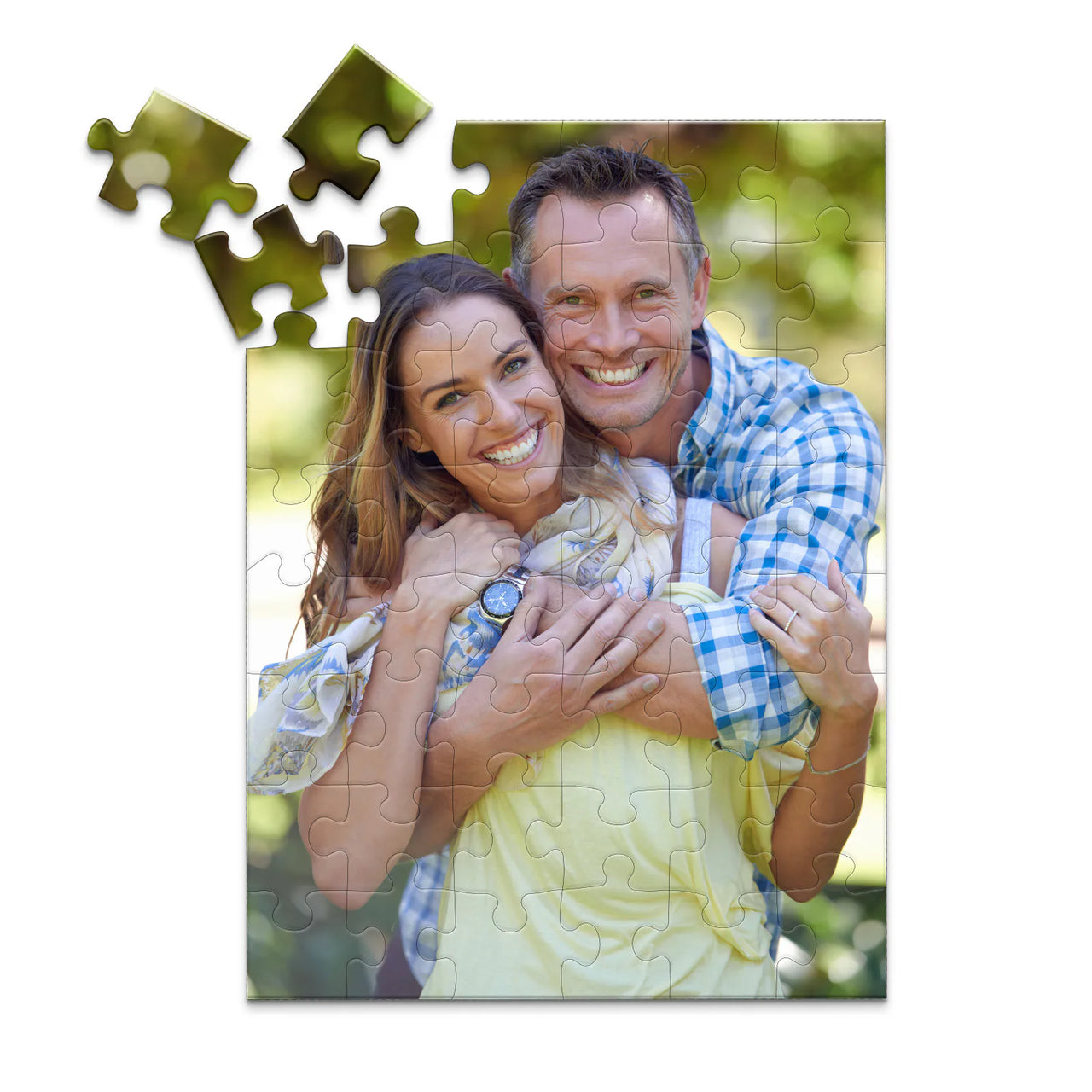 48 piece personalized couple puzzle featuring a smiling couple embracing outdoors.