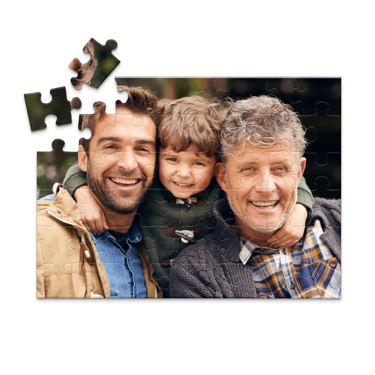 48 piece personalized Dad puzzle showing a smiling father, son and grandfather.
