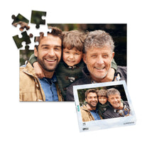48 piece personalized Dad puzzle showing a smiling father, son and grandfather, displayed with the matching puzzle box.