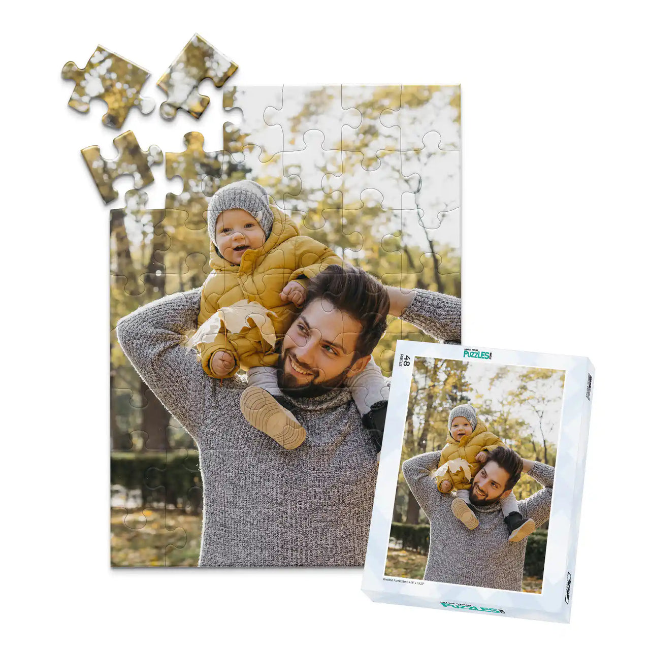 48 piece personalized Dad puzzle showing a smiling father carrying his baby on his shoulders, displayed with the matching puzzle box.