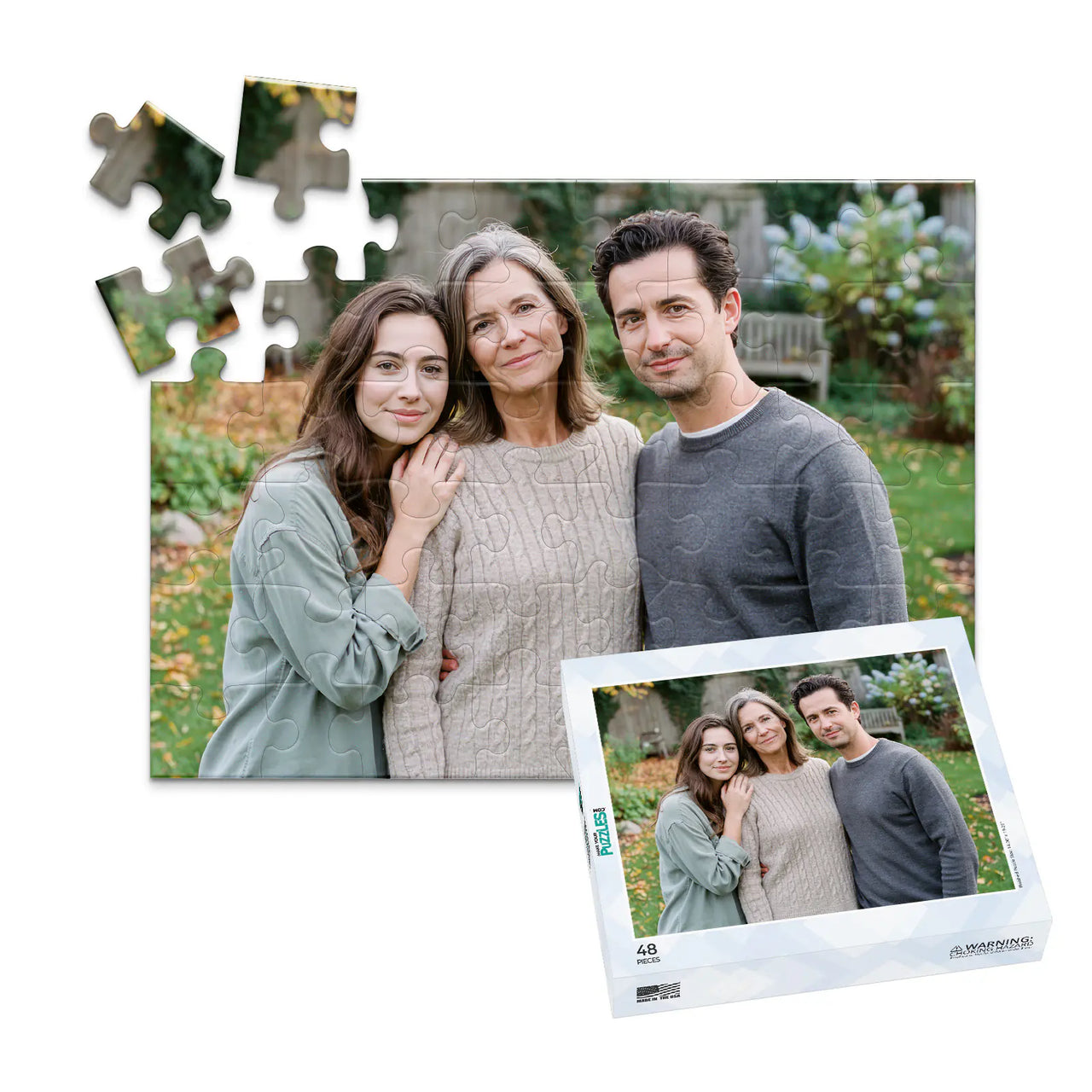 48 piece personalized Mom puzzle featuring a mother with her adult daughter and son outdoors, shown with its matching puzzle box