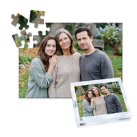 48 piece personalized Mom puzzle featuring a mother with her adult daughter and son outdoors, shown with its matching puzzle box
