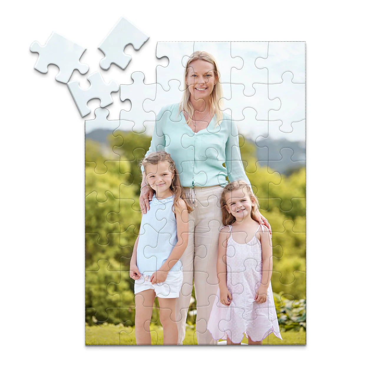 48 piece personalized Mom puzzle featuring a mother with her two young daughters outdoors.
