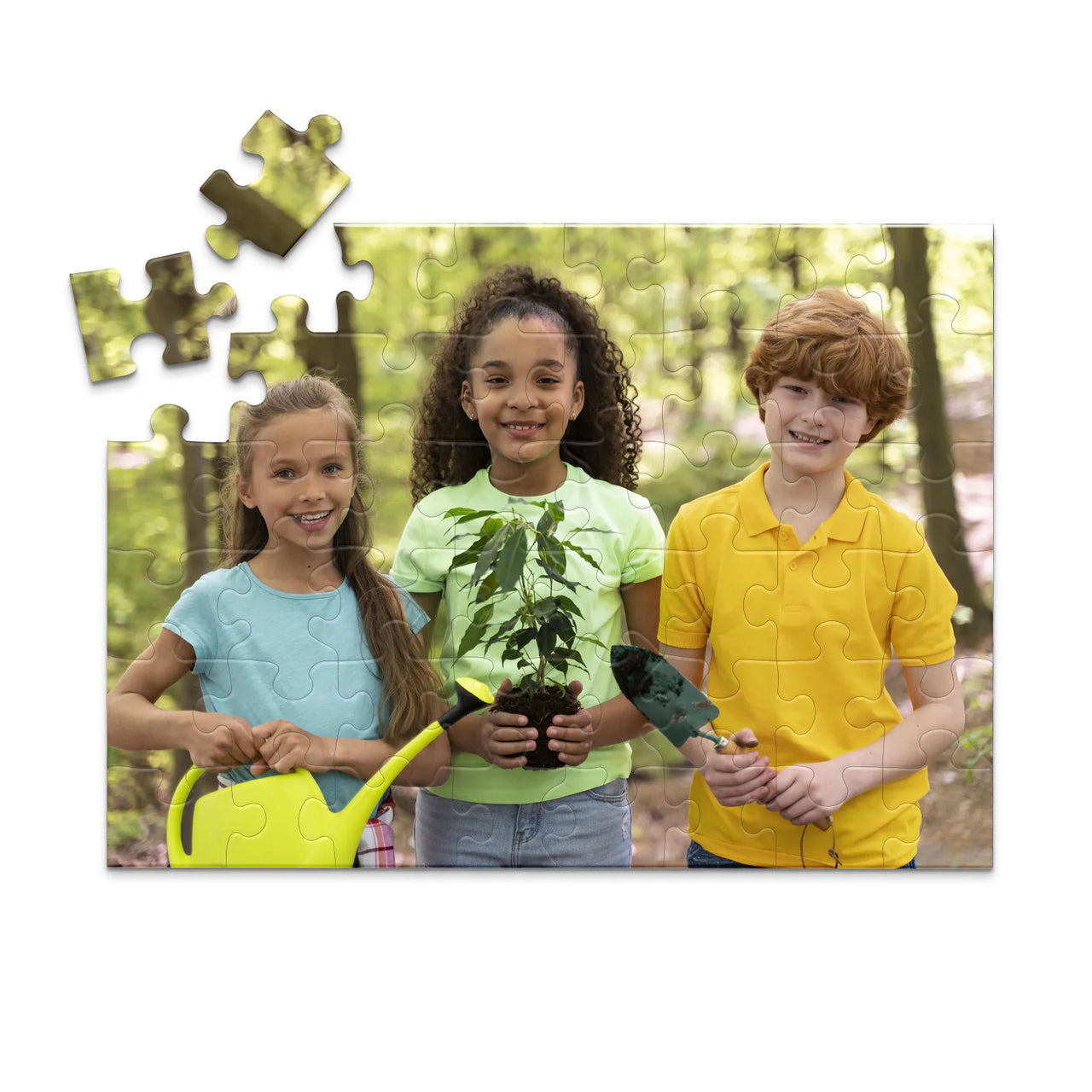 48 piece personalized puzzle for kids showing three smiling children gardening together.