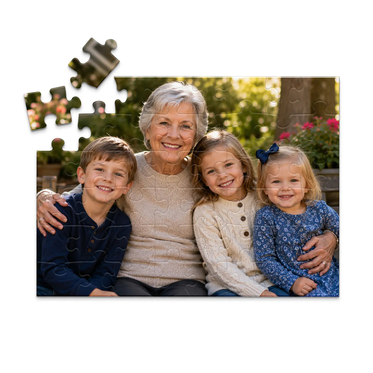 48 piece personalized puzzle for grandparents showing a smiling grandmother with her three grandchildren.