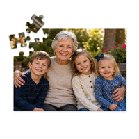 48 piece personalized puzzle for grandparents showing a smiling grandmother with her three grandchildren.