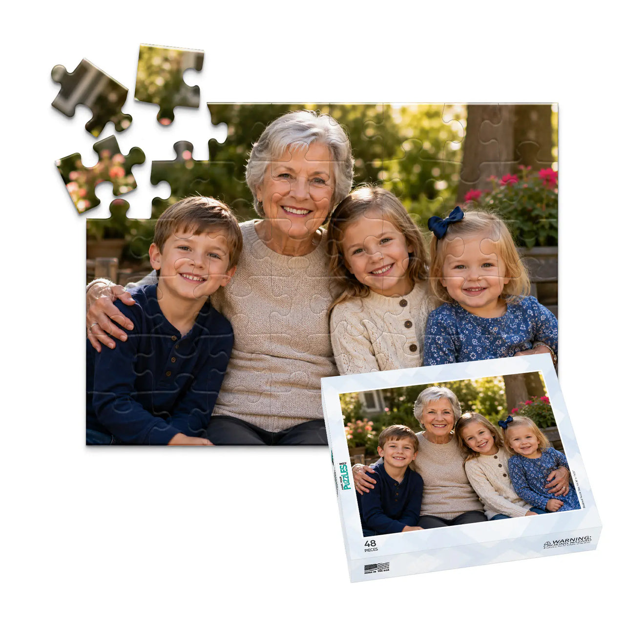 48 piece personalized puzzle for grandparents showing a smiling grandmother with her three grandchildren, displayed with the matching puzzle box.