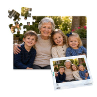 48 piece personalized puzzle for grandparents showing a smiling grandmother with her three grandchildren, displayed with the matching puzzle box.