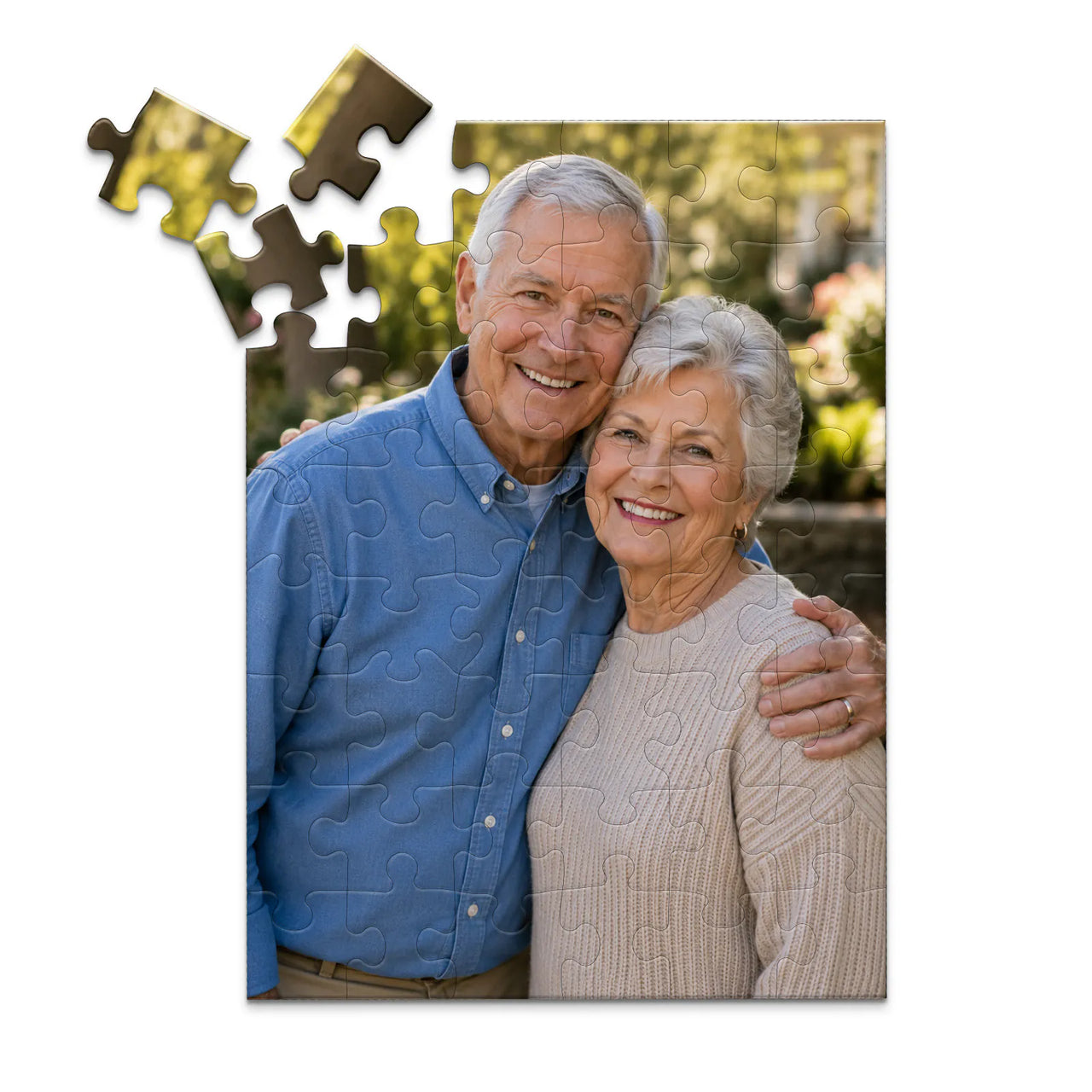 48 piece personalized puzzle for grandparents showing a smiling elderly couple together.