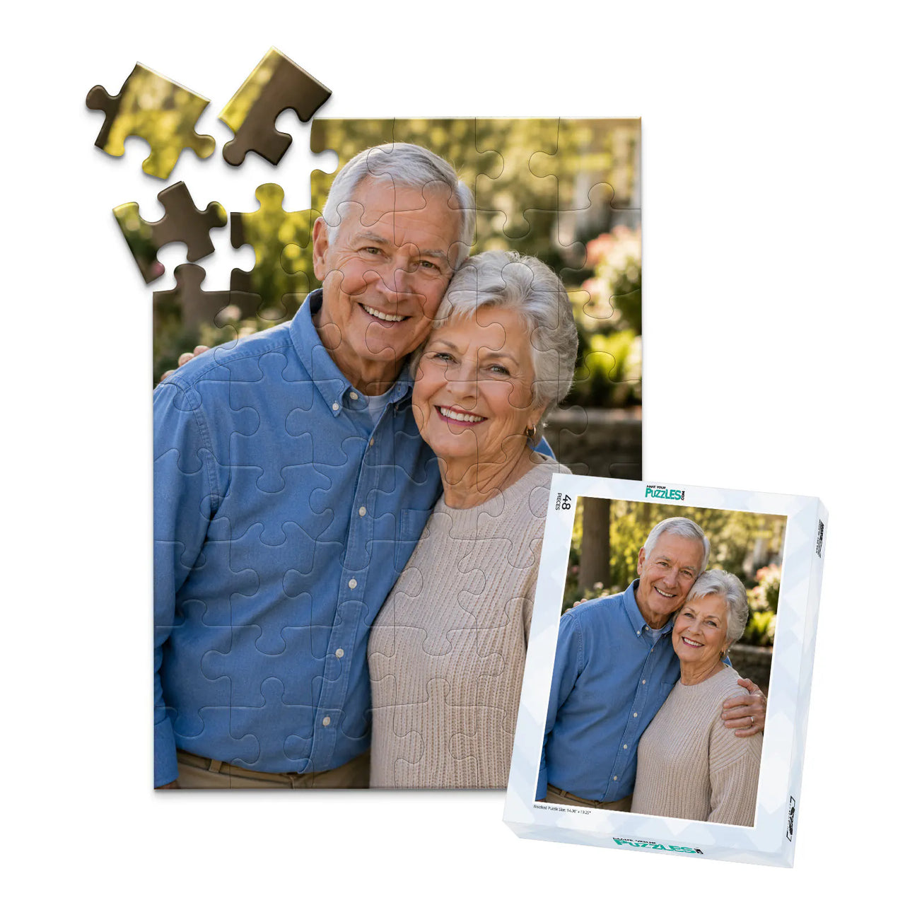 48 piece personalized puzzle for grandparents showing a smiling elderly couple together, displayed with the matching puzzle box.