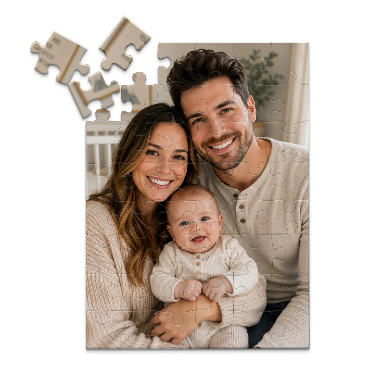 48 piece personalized puzzle for new parents showing a smiling mother and father with their baby.