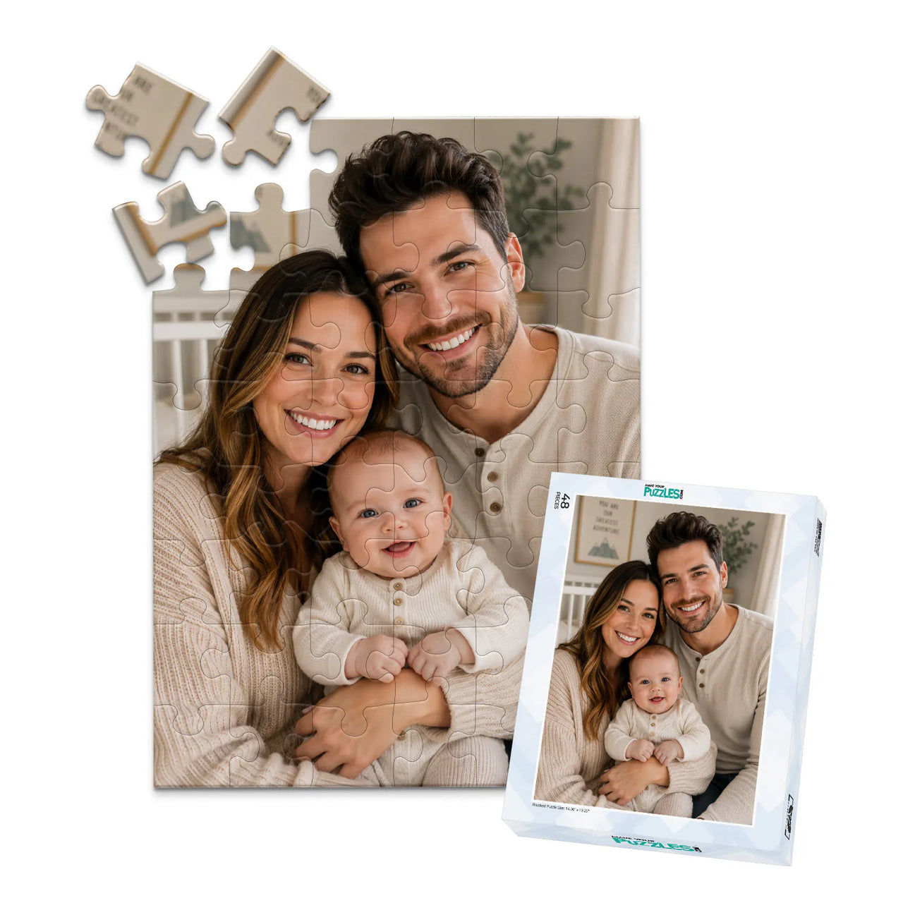 48 piece personalized puzzle for new parents showing a smiling mother and father with their baby, displayed with the matching puzzle box.