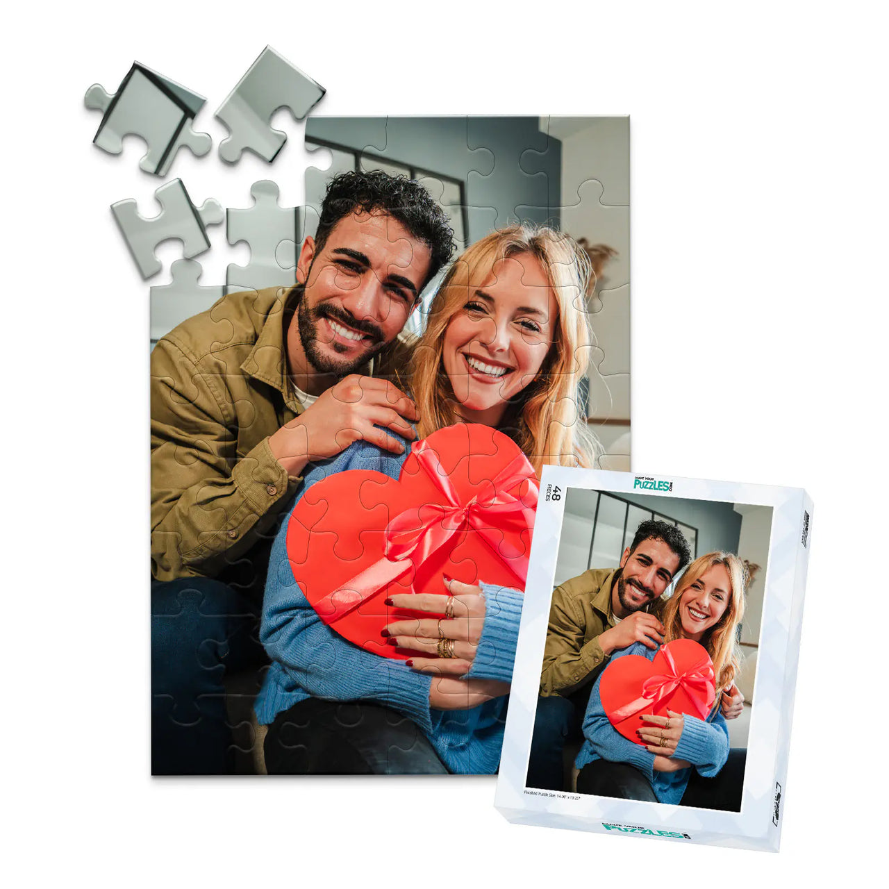 48 piece personalized Valentine puzzle featuring a smiling couple with a heart-shaped gift, shown with its matching puzzle box