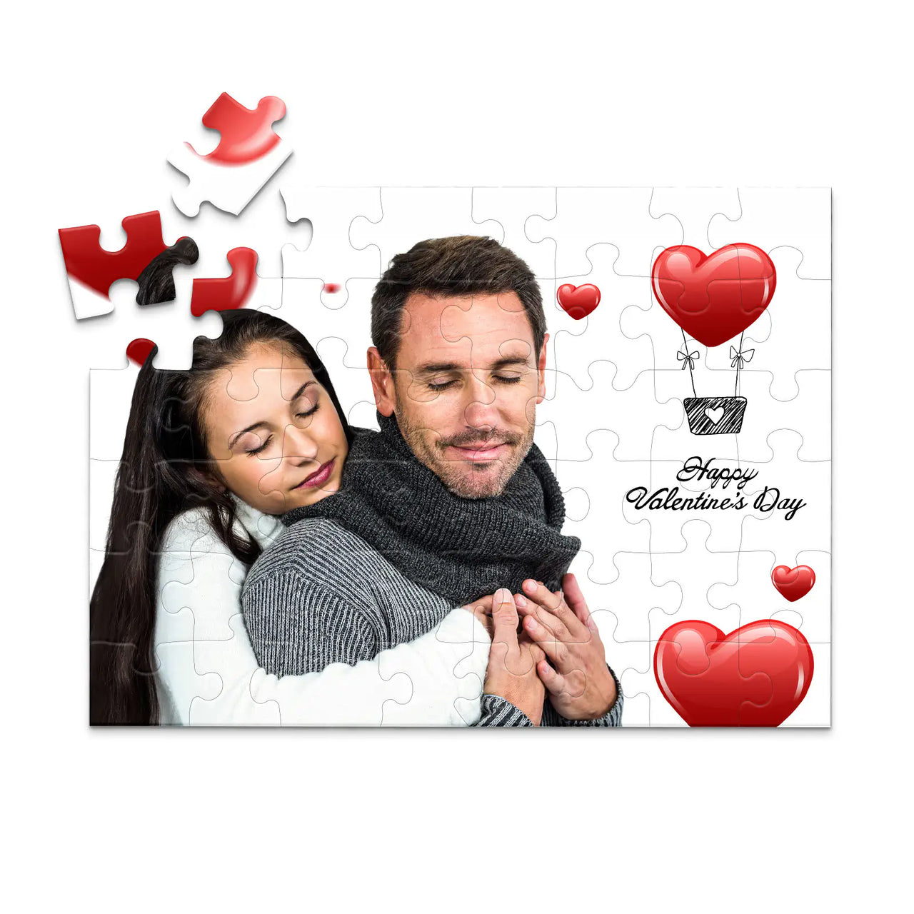 48 piece personalized Valentine puzzle featuring a couple embracing with heart decorations.