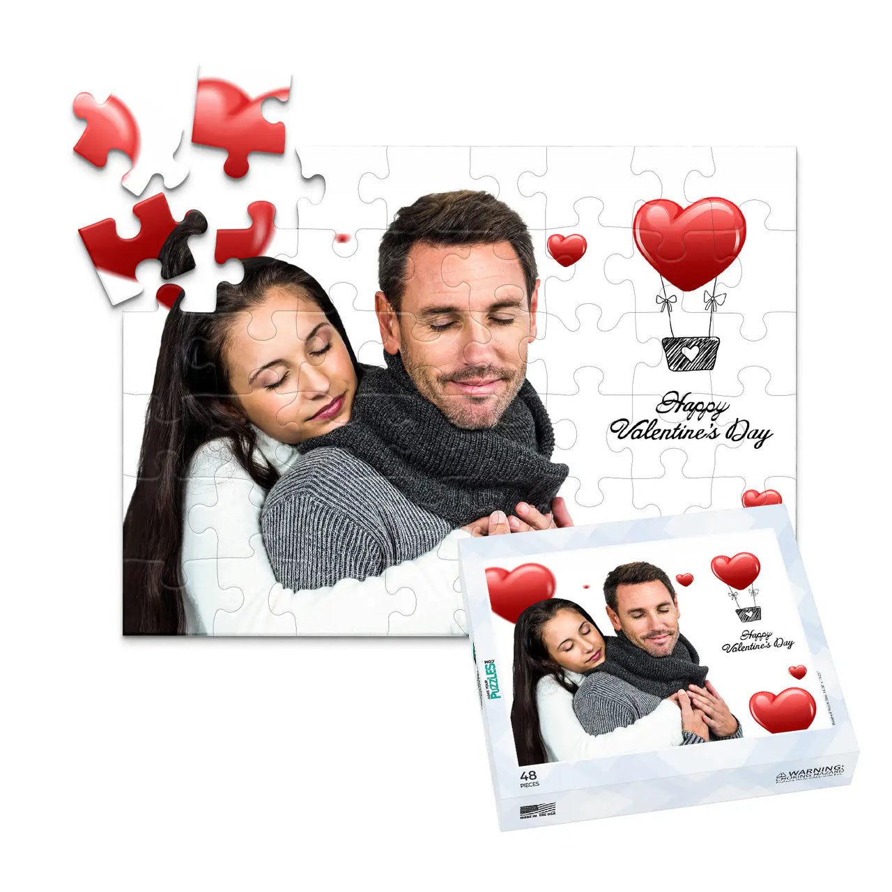 48 piece personalized Valentine puzzle featuring a couple embracing with heart decorations, shown with its matching puzzle box