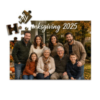 48 piece Thanksgiving photo puzzle featuring a multigenerational family portrait with custom Thanksgiving text.