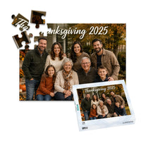48 piece Thanksgiving photo puzzle featuring a multigenerational family portrait with custom Thanksgiving text, shown with its matching puzzle box