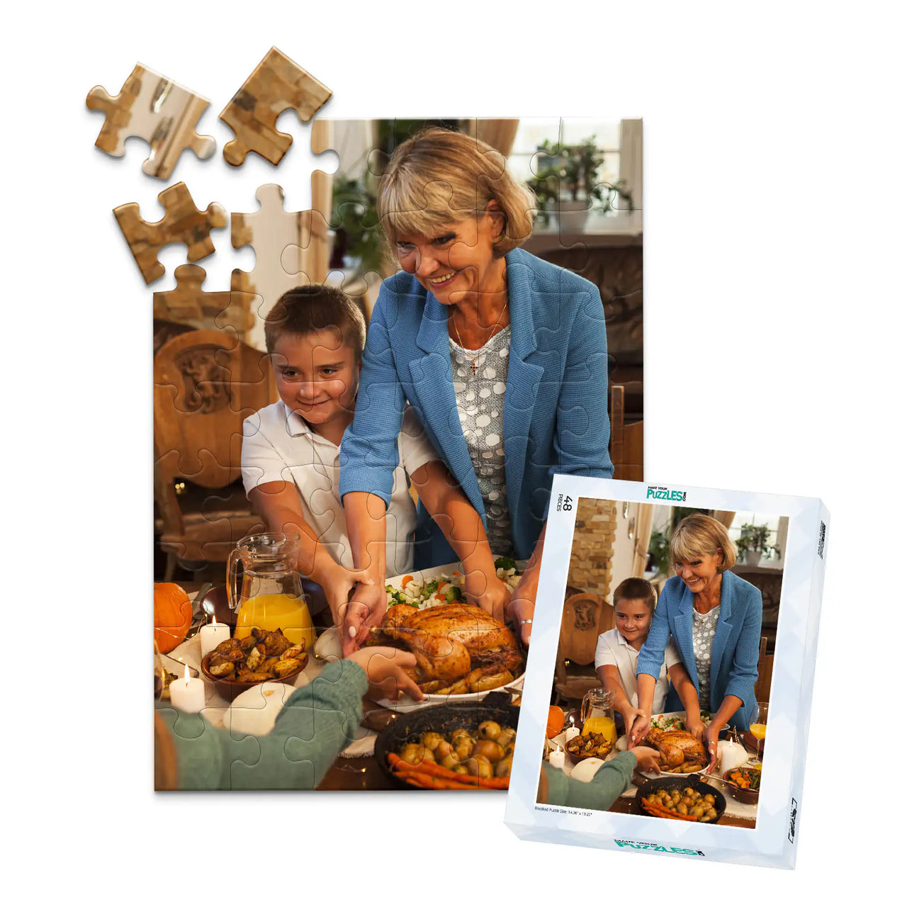 48 piece Thanksgiving photo puzzle featuring a grandmother and grandson serving turkey at a family dinner, shown with its matching puzzle box