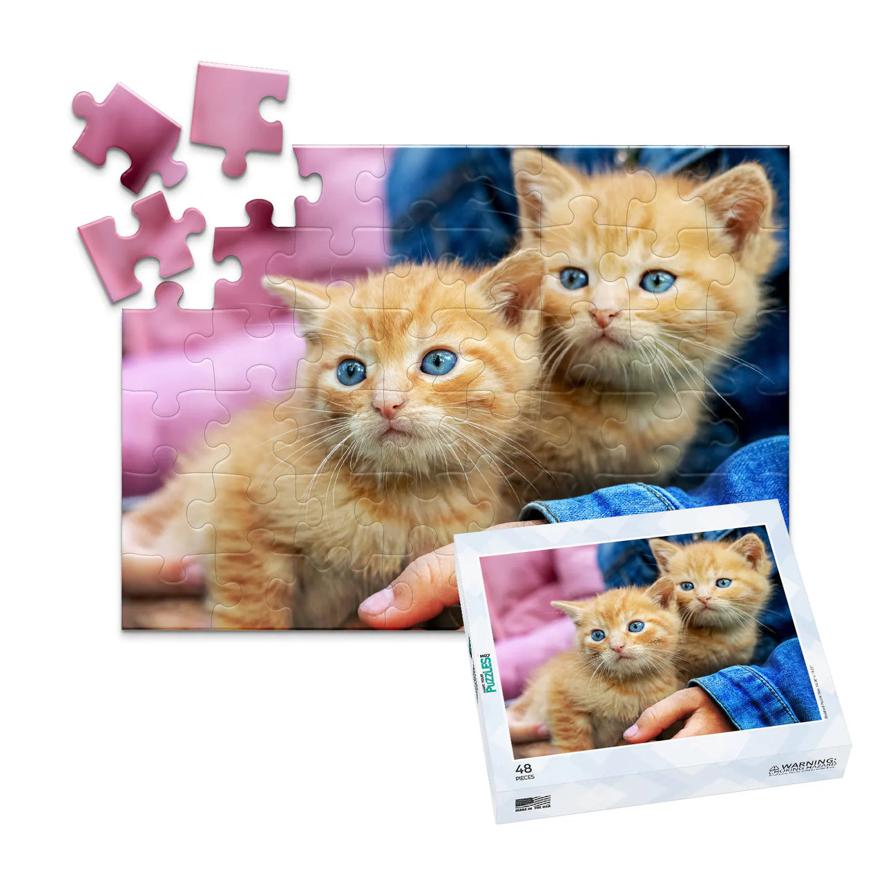 48 Piece custom pet puzzle 1 photo landscape with matching puzzle box featuring two orange tabby kittens with bright blue eyes, one resting on a person's hand.