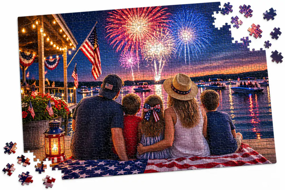 1000 Piece photo puzzle family celebrating 4th of July watching fireworks