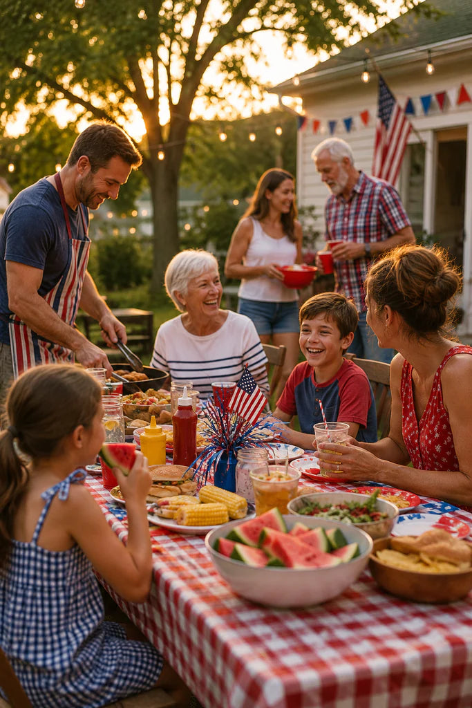Family enjoying a Fourth of July backyard cookout together