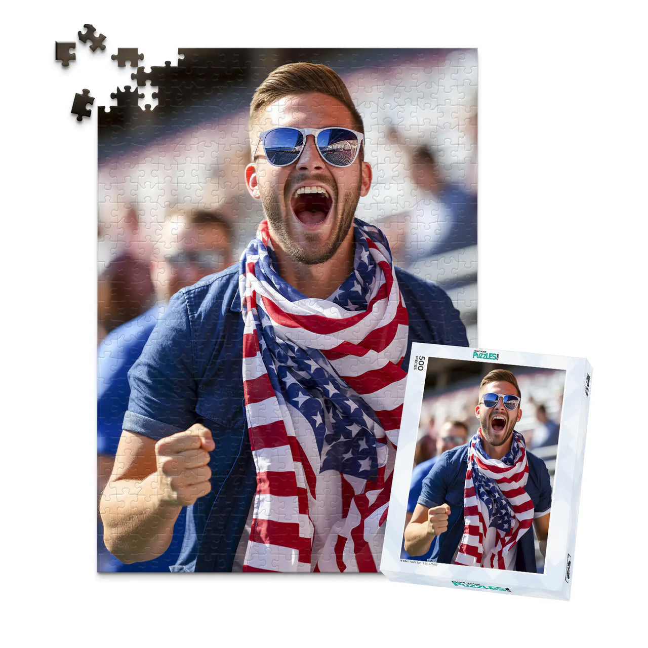 500 piece 4th of July photo puzzle featuring a cheering man wearing an American flag scarf, shown with its matching puzzle box