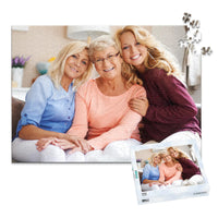 500 piece custom Mother’s Day photo puzzle featuring a mother with her two adult daughters and matching puzzle box