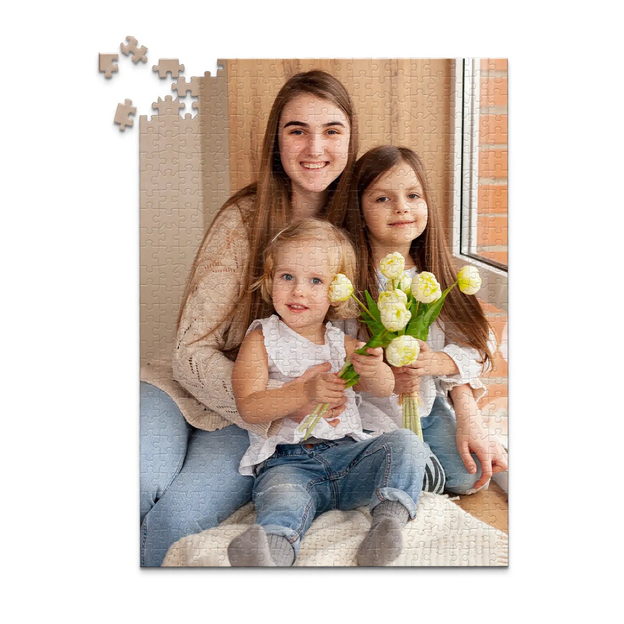 500 piece custom Mother’s Day photo puzzle featuring three daughters with flower.