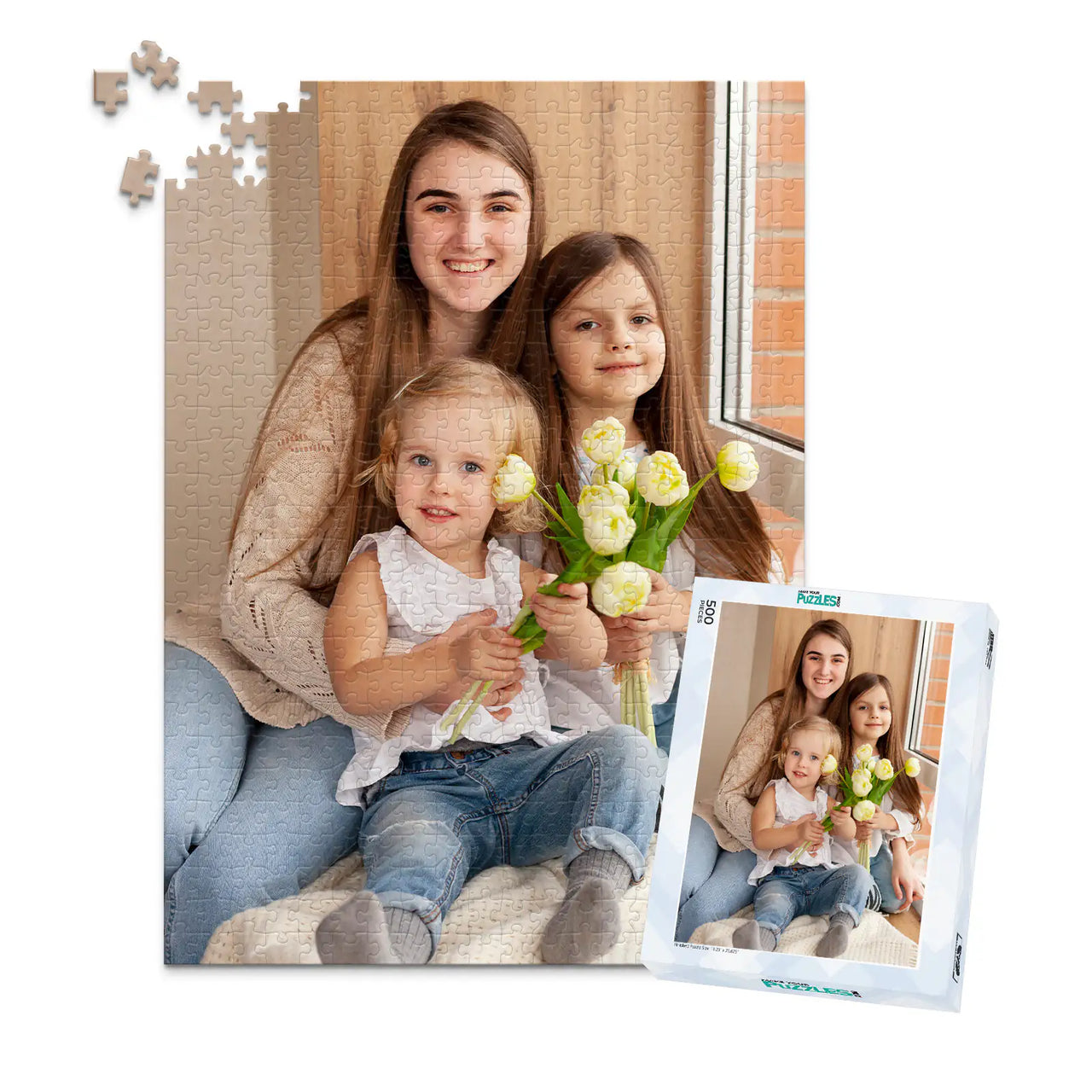 500 piece custom Mother’s Day photo puzzle featuring three daughters with flowers and a matching puzzle box