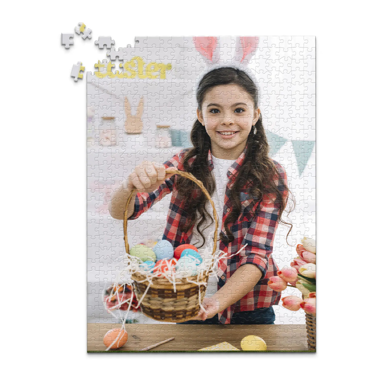 500 piece Easter photo puzzle featuring a smiling girl holding a basket of colorful Easter eggs.