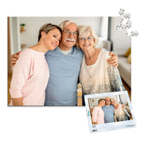 500 piece custom Father’s Day photo puzzle featuring a father with his wife and daughter and matching puzzle box
