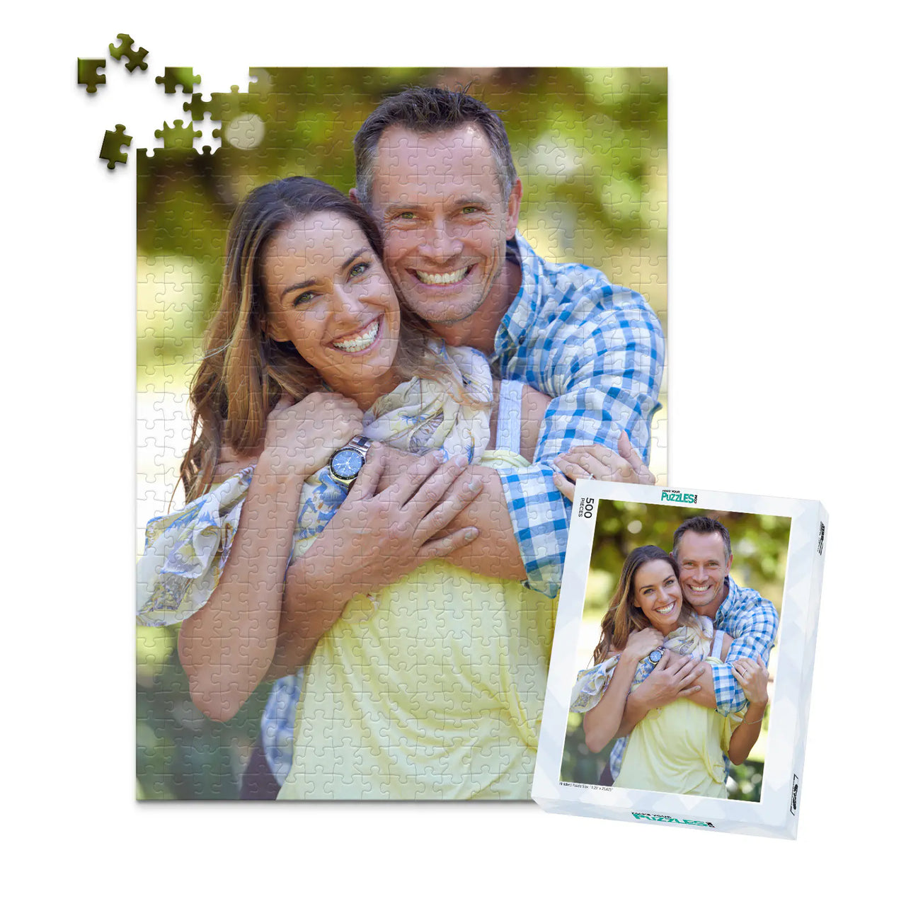 500 piece personalized couple puzzle featuring a smiling couple embracing outdoors, shown with its matching puzzle box