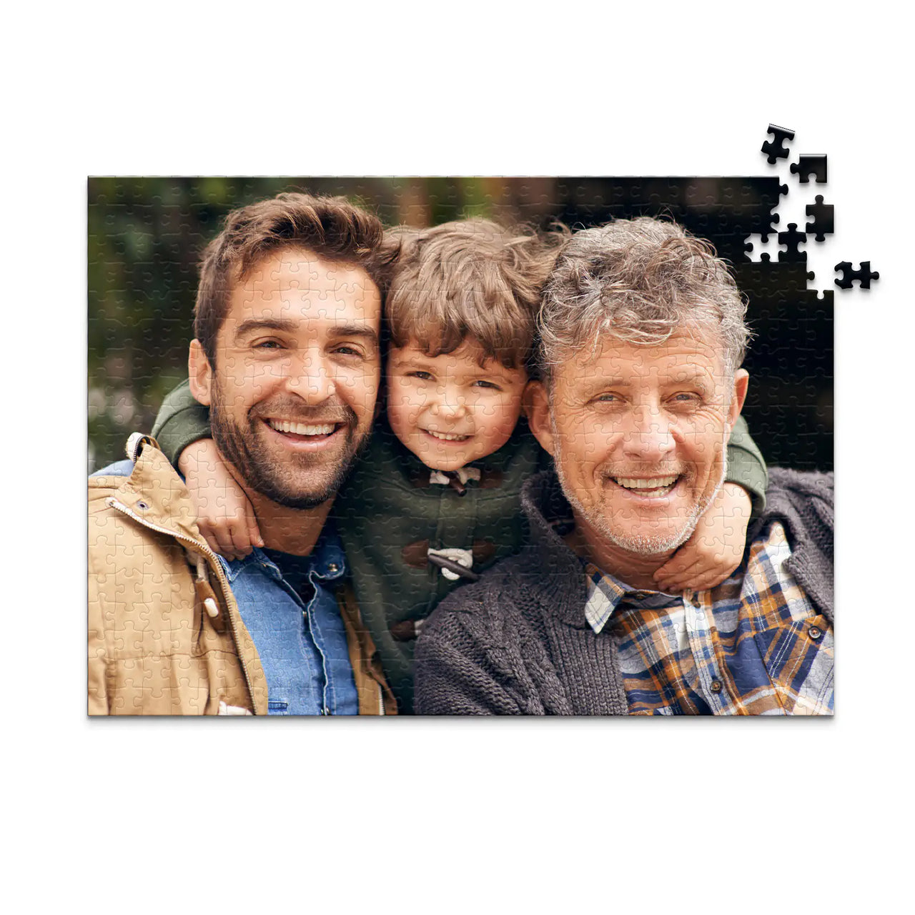 500 piece personalized Dad puzzle showing a smiling father, son and grandfather.