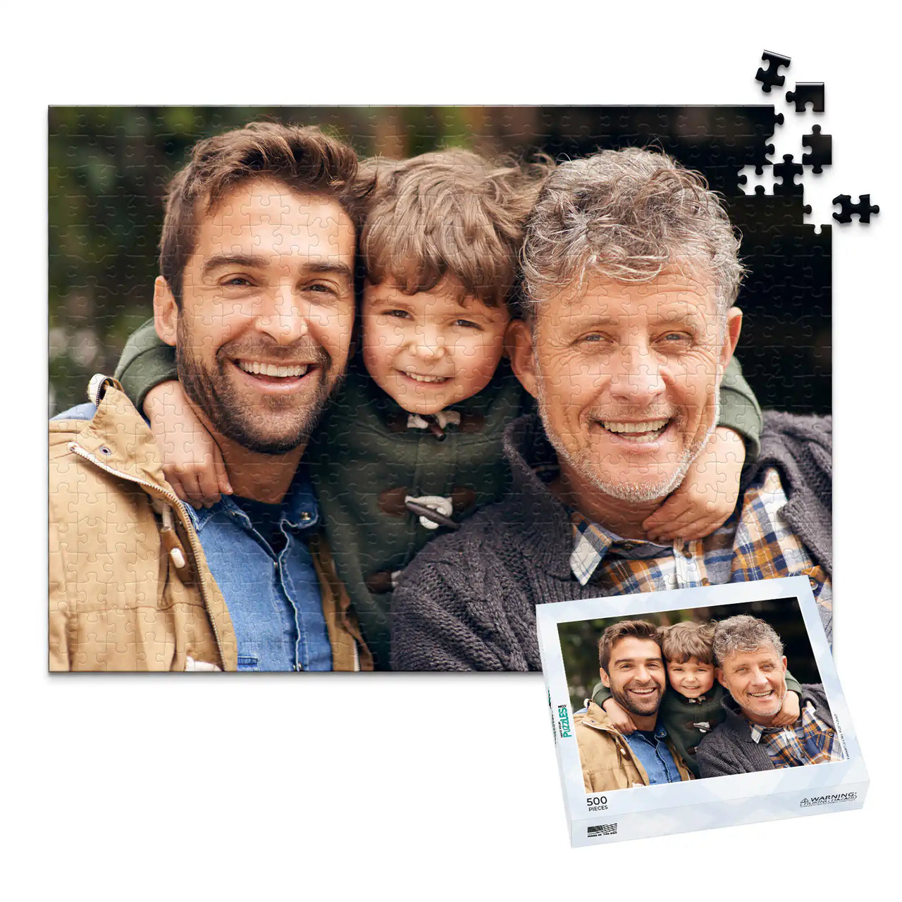 500 piece personalized Dad puzzle showing a smiling father, son and grandfather, displayed with the matching puzzle box.
