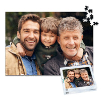 500 piece personalized Dad puzzle showing a smiling father, son and grandfather, displayed with the matching puzzle box.