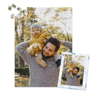 500 piece personalized Dad puzzle showing a smiling father carrying his baby on his shoulders, displayed with the matching puzzle box.